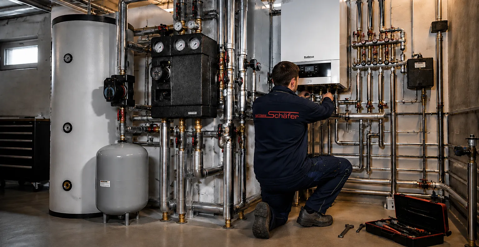 Monteur von K.H. Schäfer bei der Installation einer Gasbrennwertheizung mit Pufferspeicher